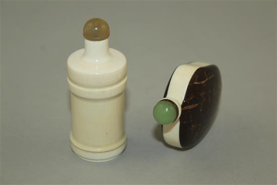 A Chinese cocus nut and ivory snuff bottle, and an ivory snuff bottle, early 20th century, 6.3cm